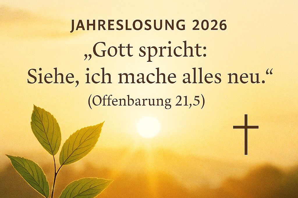 Die Sonne geht über einer Wiese auf. Im Vordergrund steht eine grüne Pflanze. In der Mitte steht die Jahreslosung 2026.